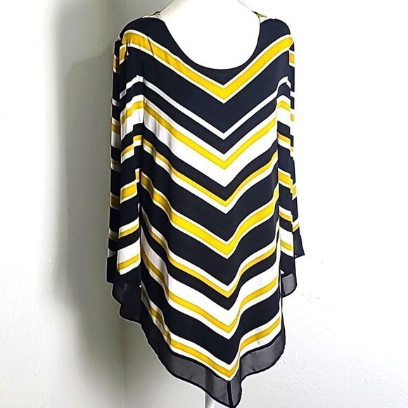 Alfani Black, White & Gold Stripe Top with V-Hemline & Bell Sleeves, Size XL - Picture 7 of 9